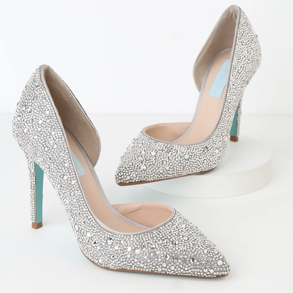 BNWTIB!Blue by Betsey Johnson,SB-HAZIL Silver Satin Rhinestone D'Orsay Stilettos - Picture 3 of 16